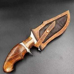 Cuchillo de caza de acero de Damasco con punta de gota, mango de madera y filo recto para uso en exteriores, Short Sign Industry - Product Image 2