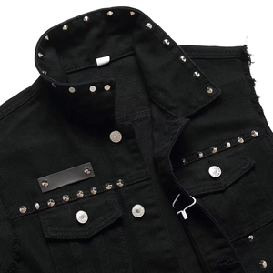 <b>Men's</b> <b>Black</b> Denim Sleeveless <b>Vest</b> Turn-down Collar Rivet Decorated Punk Style Outerwear Regular Fit Autumn Wear - Product Image 5