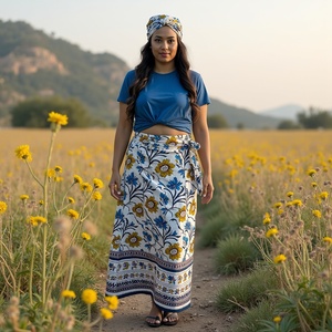 Elegant Bohemian Style Handmade Floral <strong>Print</strong> Women's Knee-Length Wraparound Skirt <strong>Bright</strong> Blue Yellow Cotton <strong>Fabric</strong>-Machine Made - Product Image 5