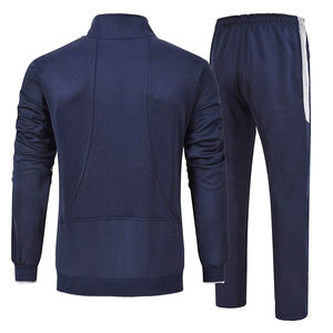 Ensemble de survêtement pour homme avec logo personnalisé, veste à fermeture éclair intégrale bleu marine et pantalon de jogging assorti avec panneaux latéraux contrastés pour le fitness et l'entraînement - Product Image 3