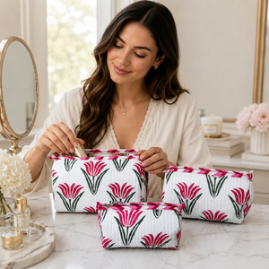 Premium Pink Tulip Print 3 Piece <b>Quilted</b> <b>Makeup</b> Pouch Set Cotton Cosmetic <b>Bags</b> for Women Travel Toiletry Organizer Zipper Gift S - Product Image 3