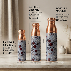 Botella de Agua de Cobre Hecha a Mano con Estampado Floral, Botella Ayurvédica Reutilizable, Frasco Metálico Ecológico para Viajes, Hogar y Regalos - Product Image 5