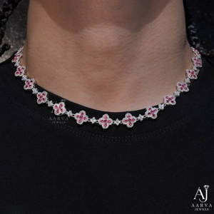 <b>Pink</b> Moissanite Claw Setting Four Leaf Clover Link Chain Pendant <b>Necklace</b> for Women's Wedding Party Gift - Product Image 1