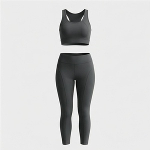 Conjunto de yoga sin costuras para mujer, 2 piezas, top corto tipo racerback, leggings de cintura alta y largo completo, color liso - Product Image 1