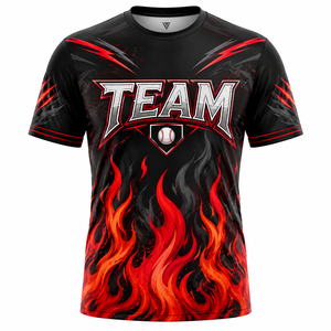 Team Baseball Sublimation T-<b>Shirt</b> Men's Quick Dry Polyester Sport Jersey Red <b>Flame</b> Print Front Logo - Product Image 1