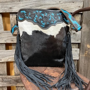 Bolso bandolera de cuero vacuno estilo occidental con adornos florales y borla larga, bolso de hombro bohemio para mujer - Product Image 1