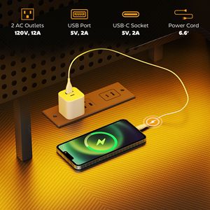Scrivania a L da 150 cm con luci LED, prese di corrente e libreria per ufficio domestico in spazi ridotti - Nera - Product Image 5