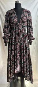 Vestido Midi Casual de Verano para Mujer, Estampado, Modal, Seda, Satén, Cuello en V Profundo, Manga Larga con Puño Elástico, Vestido Maxi para Uso Diario - Product Image 2