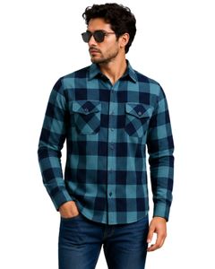 Teal Navy Plaid Men Flannel Shirt Long Sleeve Button <b>Down</b> Checkered Cotton Casual Shirt With Chest Pockets Streetwear Overshirt - Product Image 1