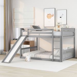 Full Over Full Bunk <b>Bed</b> <b>with</b> <b>Slide</b> and Ladder in Grey Color for Kids - Product Image 1