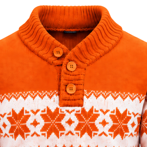<b>Mens</b> Orange Fair Isle Knitted Sweater And <b>Shawl</b> Collar Three Button Placket Nordic Snowflake Pattern Long Sleeve Winter Pullover - Product Image 5