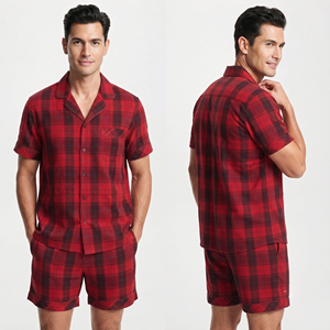 Conjunto de Pijama a Cuadros para Hombre, Camisa de Manga Corta y Pantalones Cortos, 100% Algodón Franela, Camisa con Bolsillo y Pantalones Cortos a Cuadros, Dos Piezas - Product Image 3