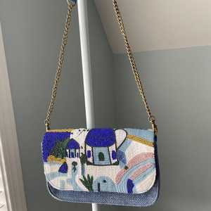 <b>Seed</b> Bead Orange <b>Fruit</b> Pattern Handbag White Top Handle Flap Purse Women Crossbody Shoulder Bag - Product Image 5