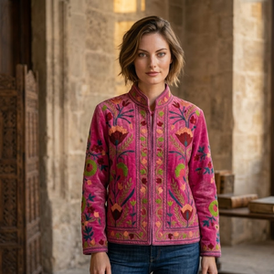 Blouson bomber en velours rose brodé |   Vêtement décontracté pour femme à col montant, motif floral brodé, chef-d'œuvre artisanal, doublure en coton - Product Image 4
