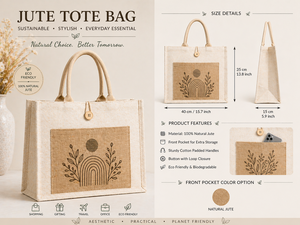 Bolsa de Yute Laminada Personalizada AMANI con Bolsillo Frontal y Cierre de Botón, Tamaño Mediano, Ecológica, Reutilizable, para Compras y Promociones - Product Image 2