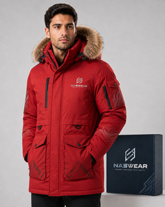 NASWEAR Men's <b>Red</b> Hooded Parka <b>Jacket</b> with Fur Trim <b>Waterproof</b> Down Filled Winter Coat Long Length Casual Style Parka Jacekt - Product Image 3