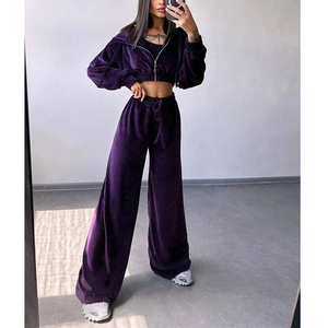 Heavyweight 400g Streetwear Wash <b>Crop</b> Zip up Flare <b>Jogger</b> Set Tracksuit Drawstring Hoody Y2k Women's Custom Logo Women Tracksuit - Product Image 3