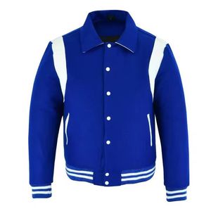 เสื้อแจ็คเก็ตวาร์ซิตี้สีน้ำเงินรอยัลสำหรับผู้ชาย แต่งสีขาว คอปกพับได้ เสื้อคลุมลำลอง ทรงปกติ ผ้าโพลีเอสเตอร์ - Product Image 1