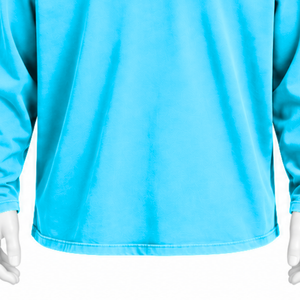 Camiseta de algodón oversize de manga larga con cuello redondo y hombros caídos, lavado vintage, estilo casual streetwear, corte holgado, para uso diario, color cian. - Product Image 6