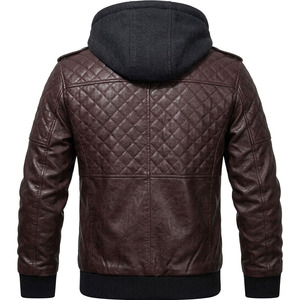 Luxury Men's <b>Quilted</b> Leather Hooded Bomber Jacket - high quality Dark Brown Premium Casual Winter Leather Coat - Product Image 3