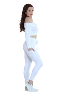 Conjunto de Pantalones y Top Corto de Manga Larga con Hombros Descubiertos para Mujer EVERGLOW, Color Negro Sólido, Estilo Casual, Corte Regular, 100% Algodón - Product Image 4