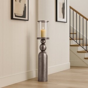 Sophisticated Silver Nickel Pillar <b>Candle</b> Stand With A Clear Glass <b>Hurricane</b> Modern Spherical Design For Luxury Home Decoration - Product Image 1