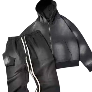 Conjunto de Sudadera con Capucha y Cremallera Estilo Cargo con Lavado Ácido Negro para Hombre, Chaqueta de Forro Polar Vintage y Pantalones Jogger Acampanados, Atuendo Urbano de Invierno - Product Image 3