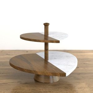 Trending Round White <b>Marble</b> <b>Cake</b> <b>Stand</b> With Mango Wood Pedestal Base Elegant Dessert Serving Display For Kitchen Wedding Use Set - Product Image 5