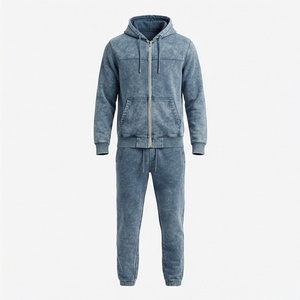 Conjunto de chándal de algodón con cremallera y lavado ácido, con logo personalizado, sudadera con capucha y pantalones de chándal oversize vintage con efecto stone para hombre, para gimnasio, fitness y ropa urbana. - Product Image 1