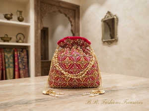 B.R. Bolso de Mano Tipo Clutch de Seda con Bordado Dorado, Perlas y Patrón Geométrico, Ideal para Bodas y Fiestas, Talla XS - Product Image 1