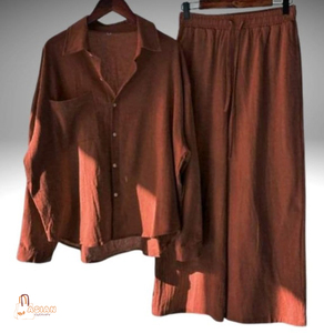 Women's Solid Linen 2-Piece Set Long Shirt & Wide Leg <b>Pants</b> Loose Fit Casual Spring Summer Breathable Turn-<b>Down</b> Collar - Product Image 1