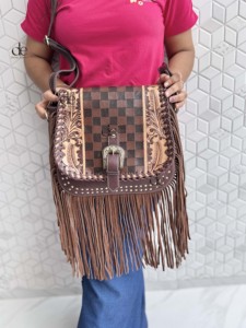 High Quality Fringe Handbag Hand <b>Tooled</b> Carving <b>Leather</b> Bag Gypsy Boho Checkers Handmade Real <b>Leather</b> Western Multi Uses Bag - Product Image 4
