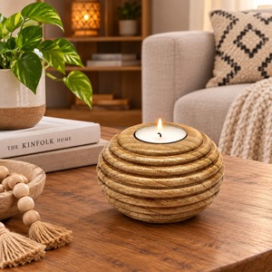 Porte-bougie rond en bois pour bougies chauffe-plat, fait main, en bois nervuré, bol votif, centre de table, décoration de Noël pour la maison - Product Image 2