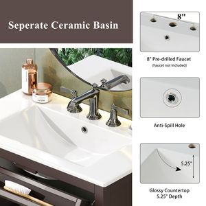 Mobile da Bagno da 30 Pollici con Gambe in Legno Massello e Lavabo in Ceramica, Dotato di Ripiano Regolabile e Vassoio Estraibile - Product Image 6