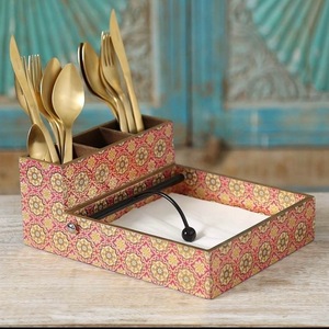 Organizador de utensilios de mesa multifuncional de metal hecho a mano, con soporte para cubiertos y caja de pañuelos, rectangular, impreso en MDF, con acabado de pintura. - Product Image 2