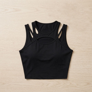 Débardeur noir premium à découpes pour femme, coupe ajustée, style sport, sans manches, crop top, respirant, en tricot, Spandex, Polyester - Product Image 4