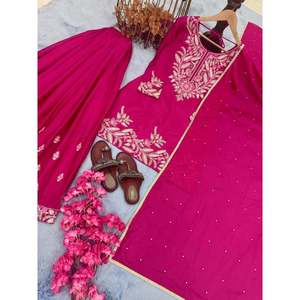 Conjuntos de diseñador para mujer Pure Chinon Silk Top Plazzo Dupatta para ropa de fiesta - Product Image 3
