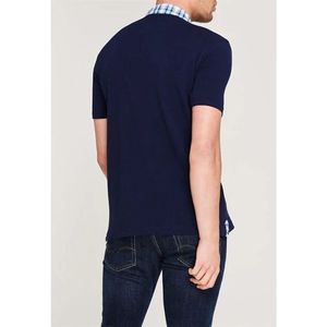 Men's <b>Navy</b> <b>Blue</b> Short Sleeve Polo Shirt With Plaid Collar And Front Logo Print Casual Regular Fit 100% Cotton Pique Knitted - Product Image 3