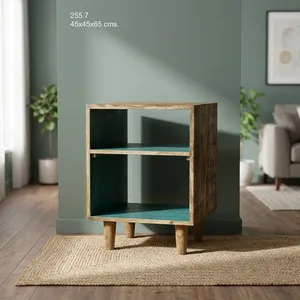 Table d'appoint en bois de style Mid-Century Modern avec 2 étagères, meuble de rangement pour salon, intérieur turquoise - Product Image 2
