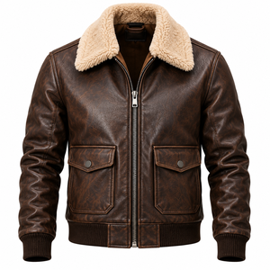 Chaqueta de aviador de cuero marrón envejecido para hombre con cuello de piel auténtica, chaqueta bomber de invierno - Product Image 1