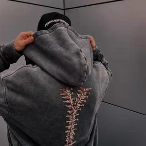 Sudadera con capucha y cremallera de forro polar bordada con diseño de esqueleto, estilo vintage, lavado ácido y desgastado, 100% algodón, ecológica, para hombre, moda urbana - Product Image 2