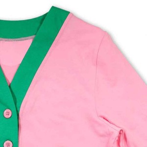 Cardigan tricoté rose pour femmes, col en V, manches longues, bordure verte contrastée, haut décontracté toutes saisons - Product Image 2