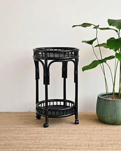 Modern Round Rattan Hotel Furniture Bar Cart with Two-Tier Food <b>Serving</b> 4 Swivel Wheels-Black Commercial Use - Product Image 3