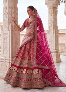 Women's Embroidered Empire Waist High Neckline Floor-Length <b>Lehenga</b> Choli Set Sweep Train 100% Silk Lace Fabric Wedding Dress - Product Image 4