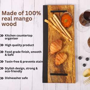 Bandeja de Servir de Madera de Mango Natural con Color de Grado Alimenticio, Diseño Decorativo con Asa de Metal Negra para Uso en Restaurantes - Product Image 3