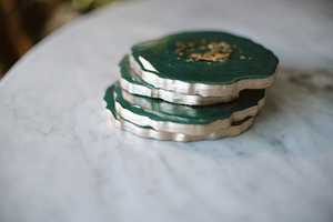 emerald resin <b>coasters</b> green luxury <b>coasters</b> gold foil resin art aesthetic <b>drink</b> <b>coasters</b> handmade resin decor modern Mats & Pad - Product Image 2