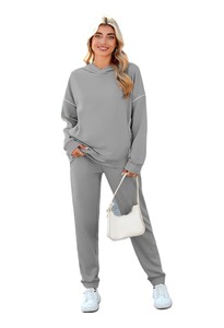 Ensemble de survêtement gris à capuche pour femme, couleur unie, pantalon de jogging en coton, manches longues, coupe décontractée, vêtements d'automne avec poches latérales - Product Image 4