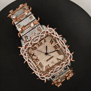 Montre unisexe de luxe avec diamants, boîtier rectangulaire de 44 mm, cadran analogique avec chiffres romains, verre saphir, fermoir déployant, bracelet en acier inoxydable - Product Image 1