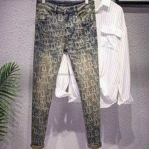 Jeans pour hommes à boutons décoratifs, patchwork, coupe slim, imprimé léopard délavé, broderie, jeans hip-hop pour hommes, pantalon en stock - Product Image 5