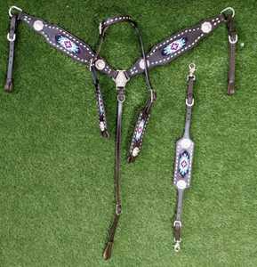 Bride Western fantaisie en cuir de vachette véritable outillage à la main en cuir serre-tête et collier de poitrine ensemble - Product Image 1